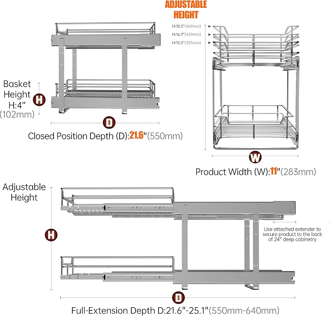 2 Tier Pull Out Cabinet Organizer, Roll Out Shelves and Drawer - Image 5
