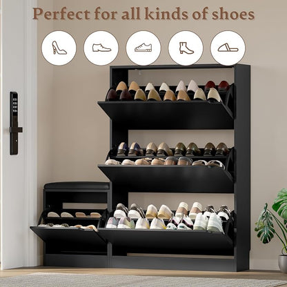 BORNOON Shoe Cabinet with Bench and 3 Flip Drawers, Slim Narrow Shoe Storage - Image 4
