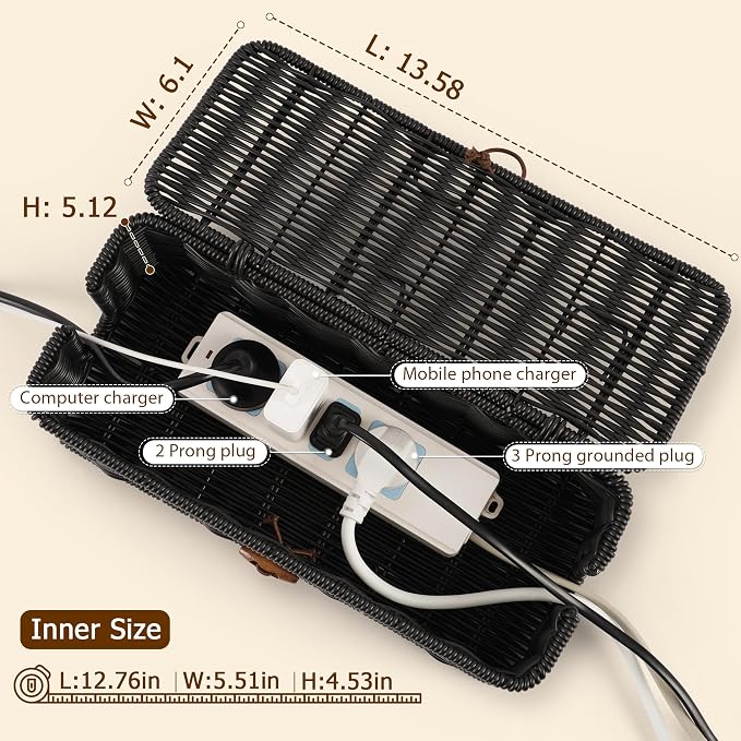 Cable Management Box, Handwoven Faux Rattan Cord Organizer Box - Image 2