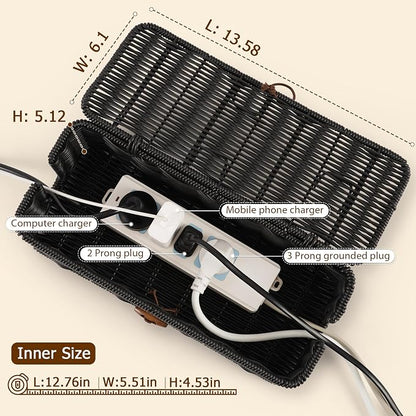 Cable Management Box, Handwoven Faux Rattan Cord Organizer Box - Image 2