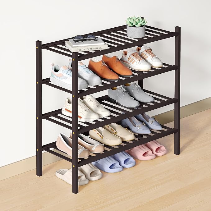 Smiry Bamboo Shoe Rack for Closet, 4 Tier Wooden Stackable Shoe Organizer by Smiry