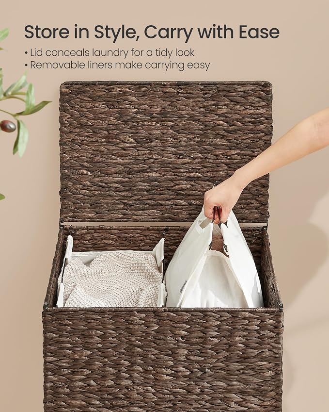 SONGMICS Laundry Hamper 2 Sections, 34.3 Gal. Handwoven Water Hyacinth Wicker - Image 4