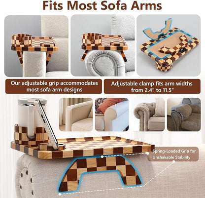 Couch Arm Table, Checkered Carbonized Rubber Wood Sofa Armrest Tray, 3-in-1 - Image 4