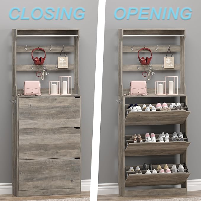 BORNOON Shoe Cabinet with 3 Flip Drawers & Coat Rack, Narrow Hidden Shoe - Image 5