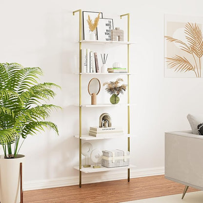 5 Tiers Ladder Shelf White Marble Modern Bookshelf Open Tall Wall Mount - Image 8