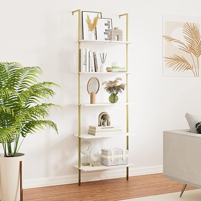 5 Tiers Ladder 2-Piece Shelf White Marble Modern Bookshelf Open Tall Wall Mount - Image 2
