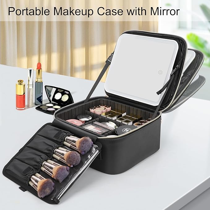 Relavel Travel Makeup Bag With LED Mirror, Cosmetic Train Case with Light up - Image 2