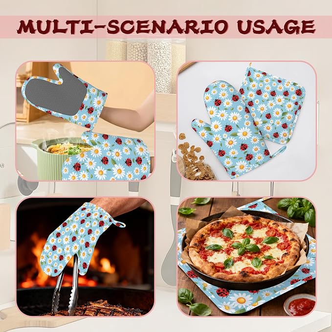 Ladybug Heat-Resistant Silicone Oven Mitts and Pot Holders 4 Piece Set - Image 6