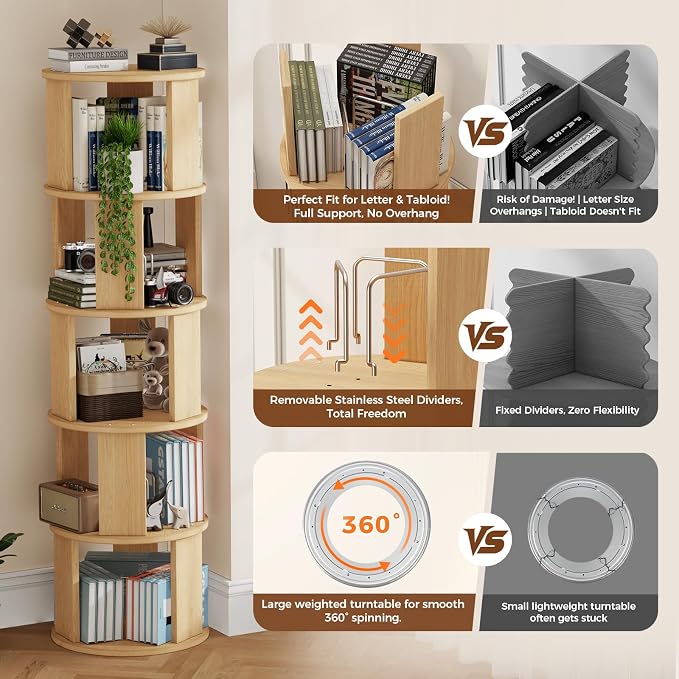 5 Tier Rotating Bookshelf Tower, 360° Display Round Bookcase, Floor Standing - Image 4