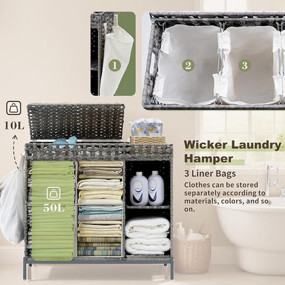 Laundry Hamper with Lid, 110L Rattan Laundry Hamper 2 Section with 50L Storage - Image 4