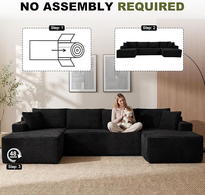 GNIXUU 133.5" U Shaped Black Boneless Sectional Couch - Image 8