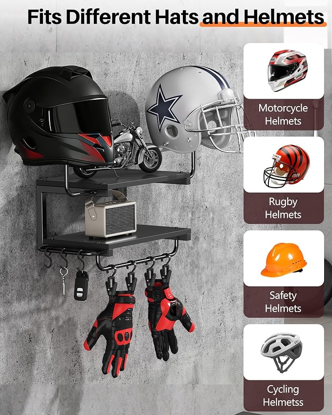 Motorcycle Helmet Holder Wall Mount, 2-Tier Helmet Rack - Image 2