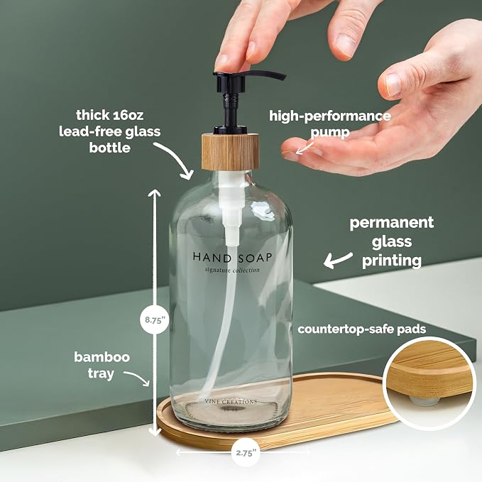 Vine Creations Clear Glass Soap Dispenser Set, Hand Soap and Dish Soap - Image 5