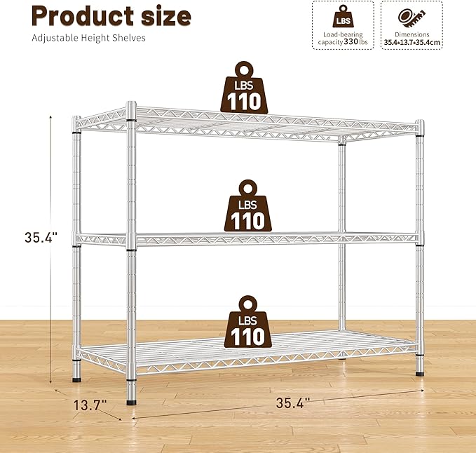 DurayLoly Heavy Duty 3-Tier Metal Shelving Unit, Adjustable Shelves, Chrome | - Image 3