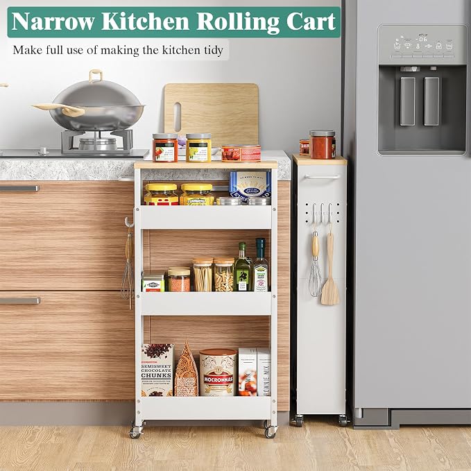 Slim Storage Cart, 4-Tier Kitchen Rolling Cart Narrow Storage Cabinet - Image 3