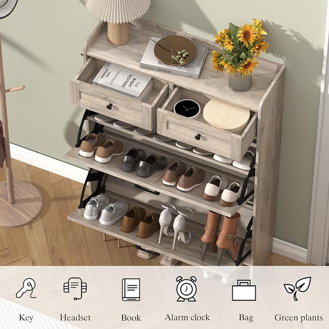 Thacuok Shoe Cabinet with 2 Flip Drawers & 2 Storage Drawers, Rustic Farmhouse - Image 5