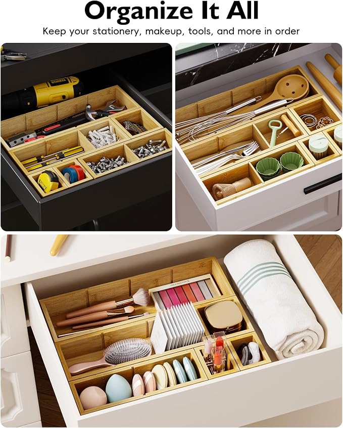 Desk Drawer Organizer Tray Set of 6 – Bamboo Office Storage Boxes - Image 7