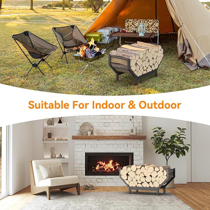 Indoor Outdoor Firewood Rack, Rustproof Metal Fireplace Wood Rack, Curved - Image 5