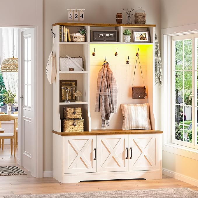 CSZZD Hall Tree with Bench and Shoe Storage, Farmhouse Entryway Bench with Coat - Image 8