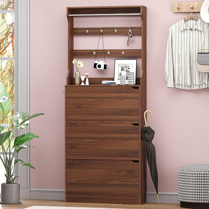 BORNOON Shoe Cabinet with 3 Flip Drawers & Coat Rack, Narrow Hidden Shoe - Image 3