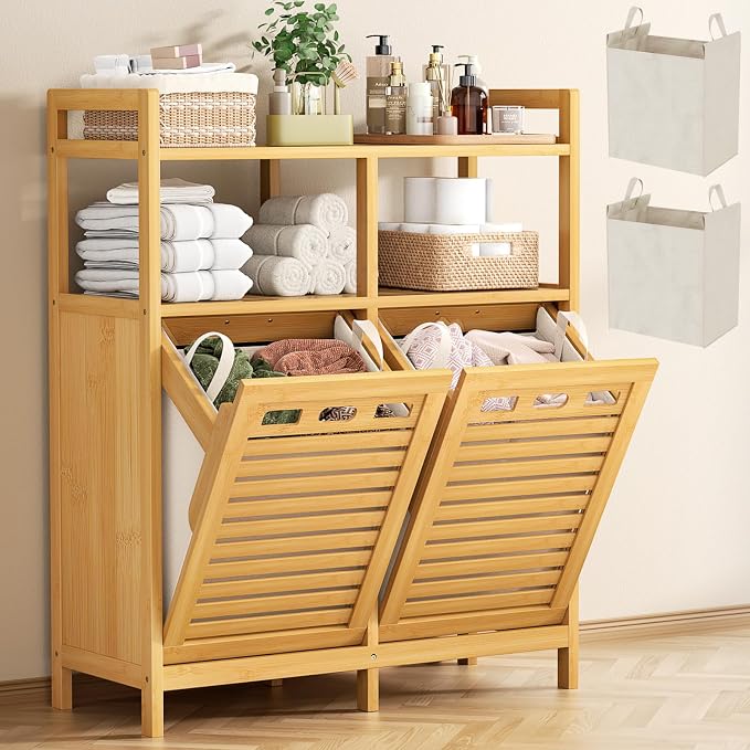 Homykic Tilt Out Laundry Hamper Cabinet, Bamboo Double Laundry Hamper by Homykic
