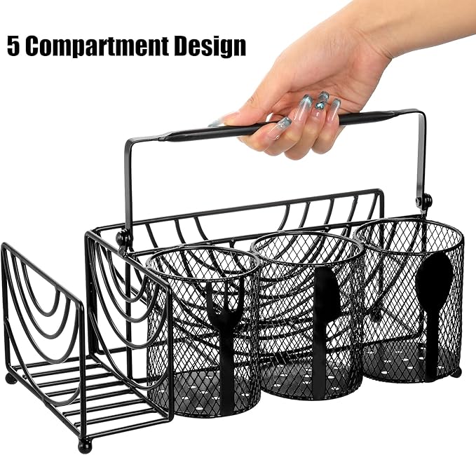 Metal Utensil Caddy with 5 Compartments, Flatware Storage Holder - Image 3
