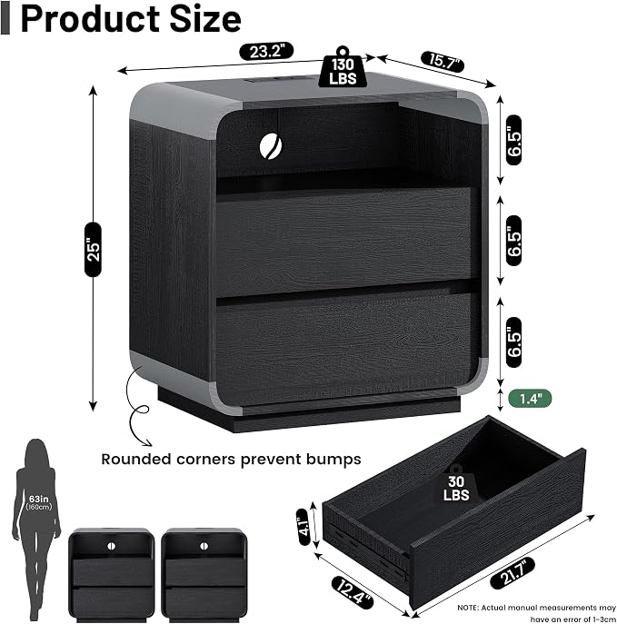 Black Nightstand with Charging Station, Modern End Table with 2 Storage Drawers - Image 3