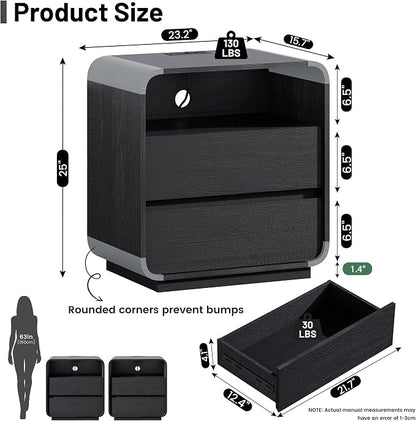 Black Nightstand with Charging Station, Modern End Table with 2 Storage Drawers - Image 3