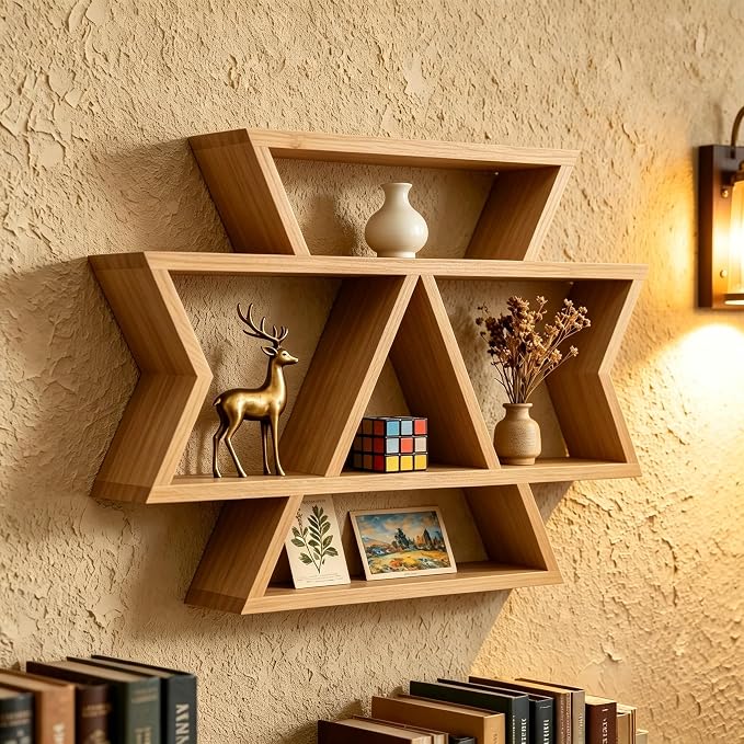 Solid Wood Hexagon Wall Shelf, Tiered Floating Plant Display Organizer by Unknown