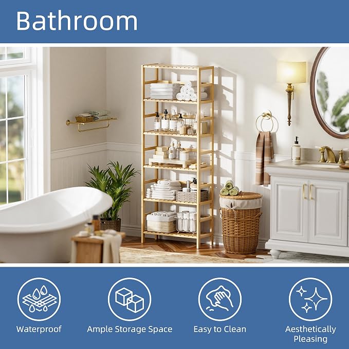 HITNET Bamboo Shelf, 6-Tier Adjustable Tall Open Bookcase, Bathroom Storage - Image 4