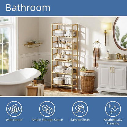 HITNET Bamboo Shelf, 6-Tier Adjustable Tall Open Bookcase, Bathroom Storage - Image 4