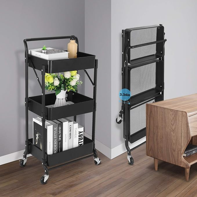 Foldable 3 Tier Metal Utility Rolling Cart, Folding Mobile Multi-Function - Image 6