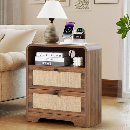 Modern Night Stand with Charging Station and 2 Drawers, Wooden Side Table by AVZEAR