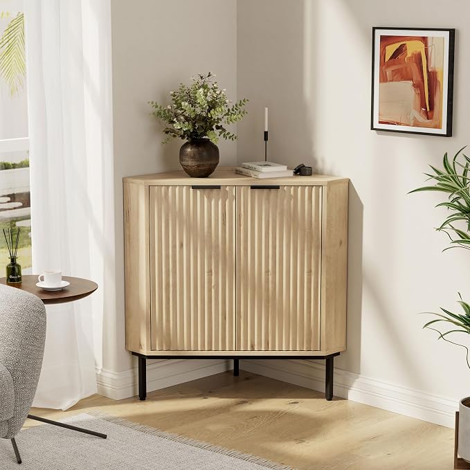 Modern Corner Cabinet, Fluted Wood Floor Storage Cabinet - Image 6