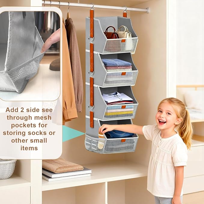 Fabric 4 Tier Hanging Closet Organizers Heavy Duty Shelf Hanging Storage Towel - Image 5