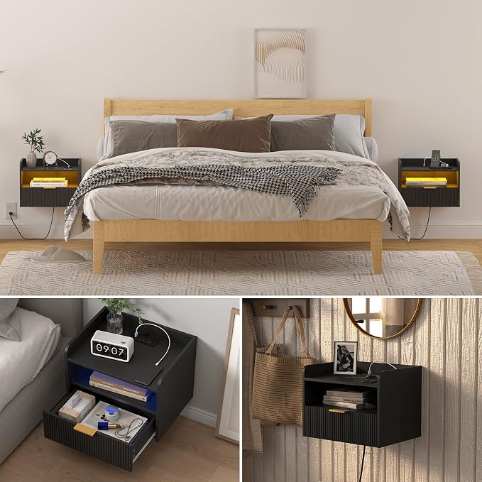 White Floating Nightstand with Charging Station and LED Lights - Image 7