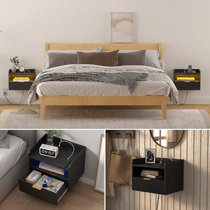 White Floating Nightstand with Charging Station and LED Lights - Image 7