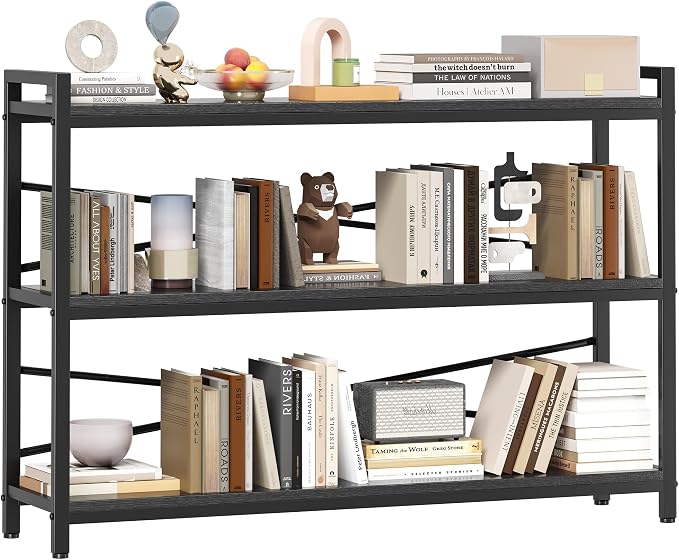3 Tier Bookcase 47.24" Width, Long Industrial Book Shelf, Vintage Wooden Large by Homeiju