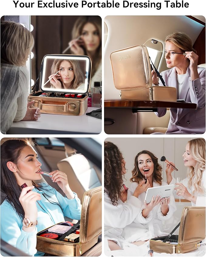 JUSRON Travel Makeup Bag With LED Mirror, Cosmetic Train Case with Light up - Image 7