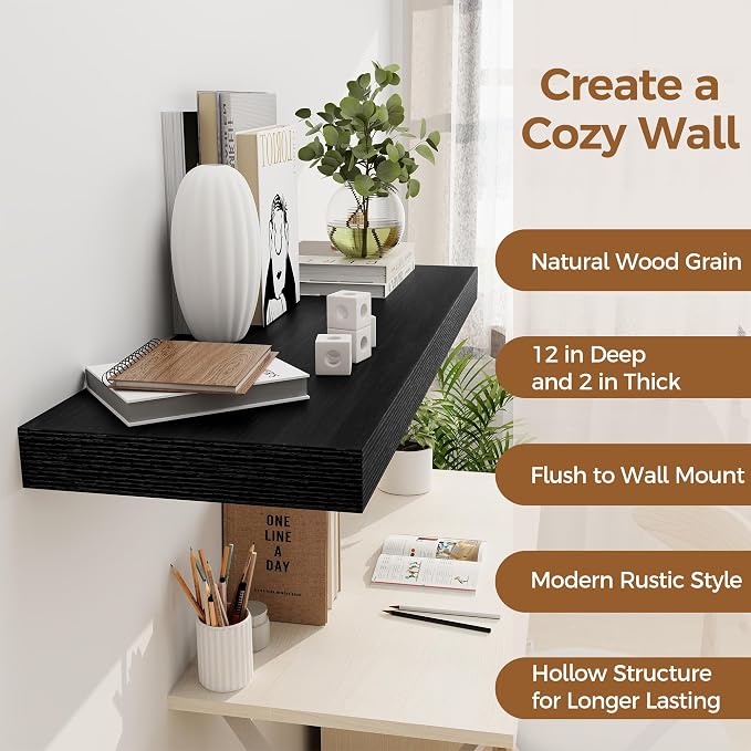 Black Floating Shelves 36 Inch Long, 12 Inch Deep Floating Shelves - Image 4