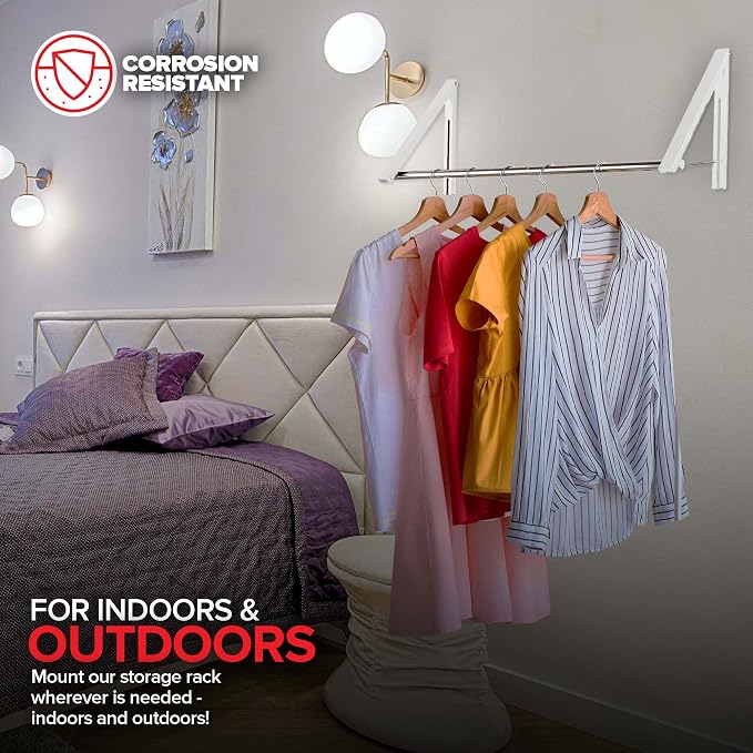 Double Foldable Clothing Rack w/Extension Rod, Wall-Mounted Retractable Clothes - Image 7