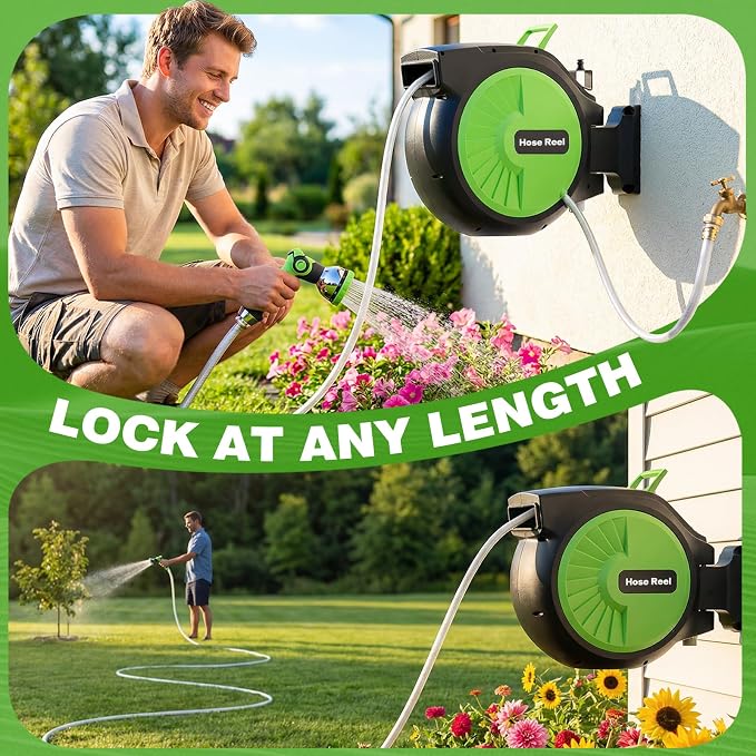 Retractable Garden Hose Reel 100FT x 1/2 in, Wall Mount Water Hose Reel - Image 6
