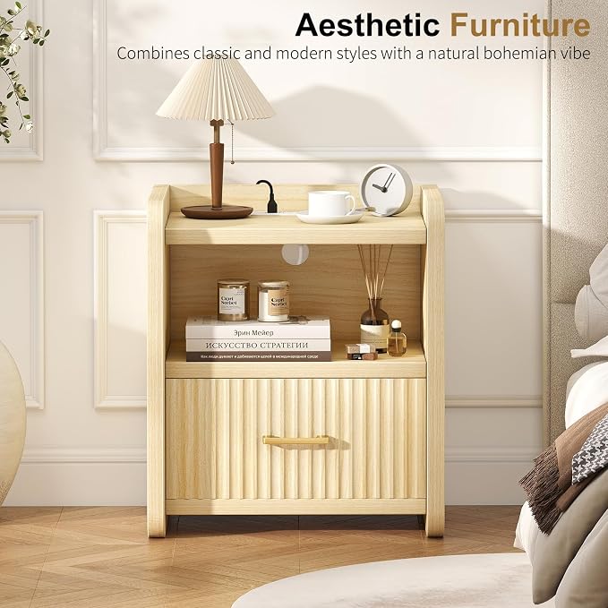 Night Stand with Charger Station, Fluted Wood Nightstand with Drawer Storage - Image 8