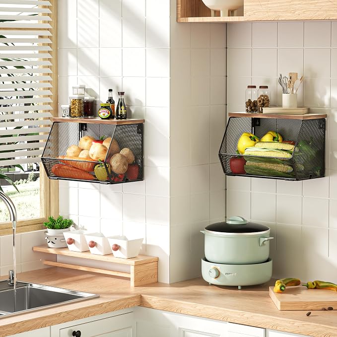Stackable Fruit Basket for Kitchen Countertop Space Saving, Wall Mounted Mesh - Image 4