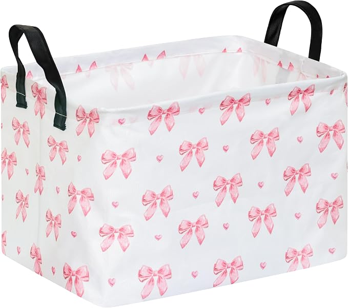 Pink Bow Canvas Storage Basket Waterproof Laundry Hamper by Unknown
