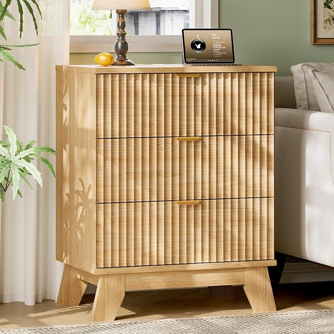 Fluted Nightstand with Charging Station, Modern Wood Side Table Night Stand - Image 3
