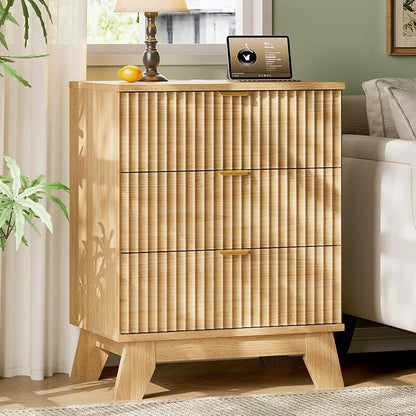 Fluted Nightstand with Charging Station, Modern Wood Side Table Night Stand - Image 3