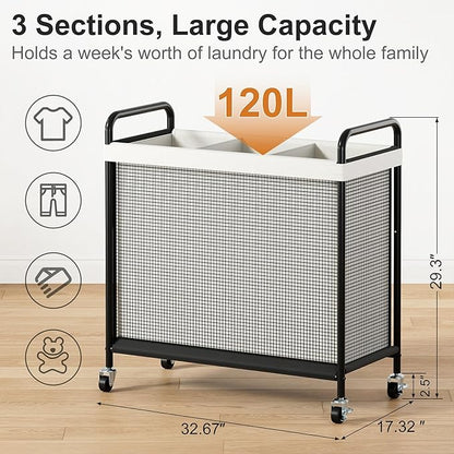 WOWLIVE Laundry Hamper 3 Section, 120L Rolling Laundry Basket - Image 2