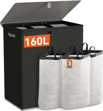 WOWLIVE Laundry Hamper with Lid, 160L Large Laundry Basket 3 Section with by WOWLIVE