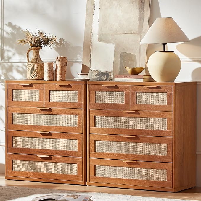 LEYAOYAO Rattan Dresser for Bedroom Set of 2, 33.5" Tall Chest of Drawers - Image 2